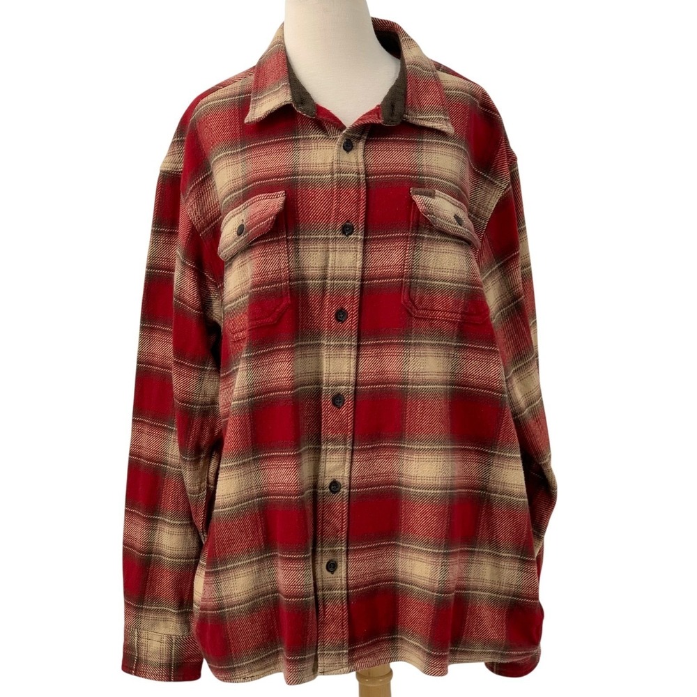 Orvis Men's Red Plaid Heavyweight Brushed Flannel Button Down Shirt Jacket XXL